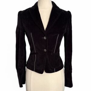 Stefanel Black Velvet Corduroy Fitted Blazer Jacket Size 6 Rhinestone Button